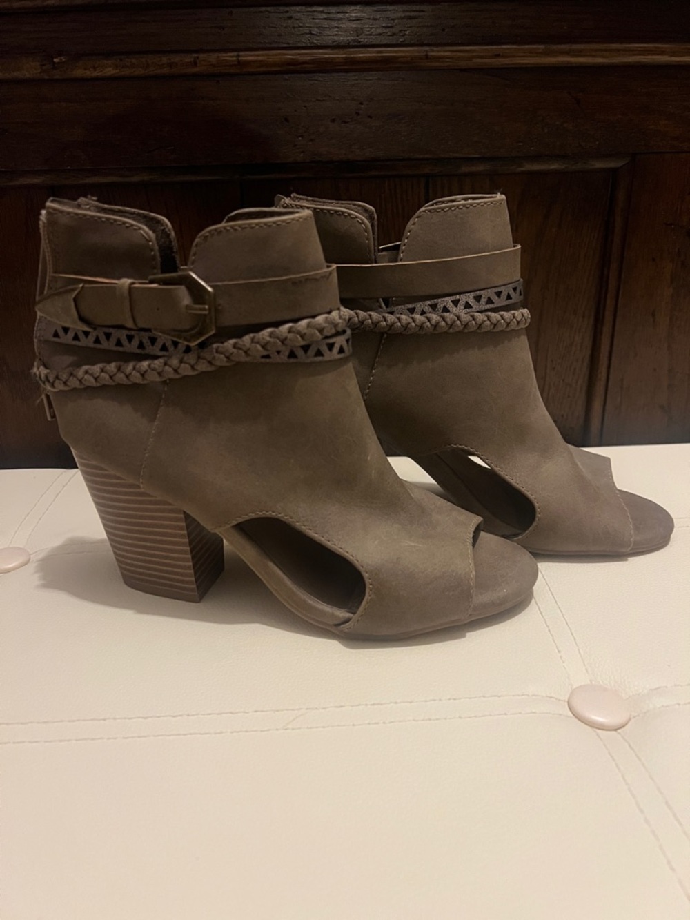 Women's Taupe Peep-Toe Cutout Block Heel Booties with Braided Strap